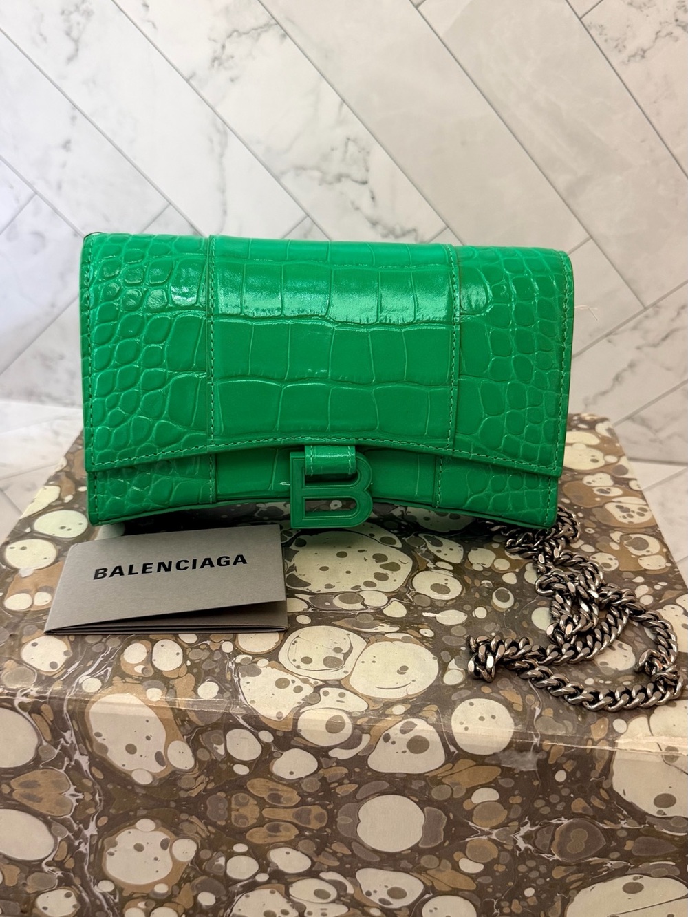 Balenciaga Croc-Embossed GREEN Hourglass Mini Chain Wallet.
